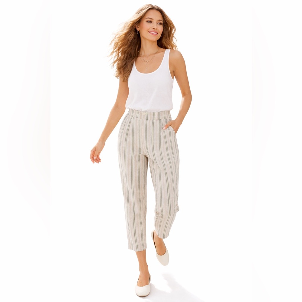 Maeve Anthropologie Sz 10 Pleated Striped Beige Crop Pants Cotton Resort Coastal